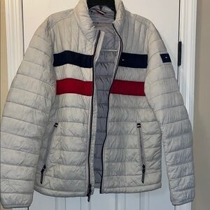 Tommy Hilfiger Men's Light Gray Puffer Jacket with Red and Blue Stripes